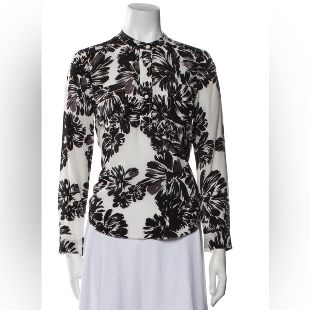 Rebecca Taylor Monochrome Floral Silk Long Sleeve Blouse 6